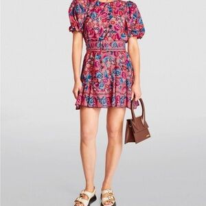 FARM RIO Birds Blush Floral Puff Sleeve Belted Cotton Blend Dress Size XL